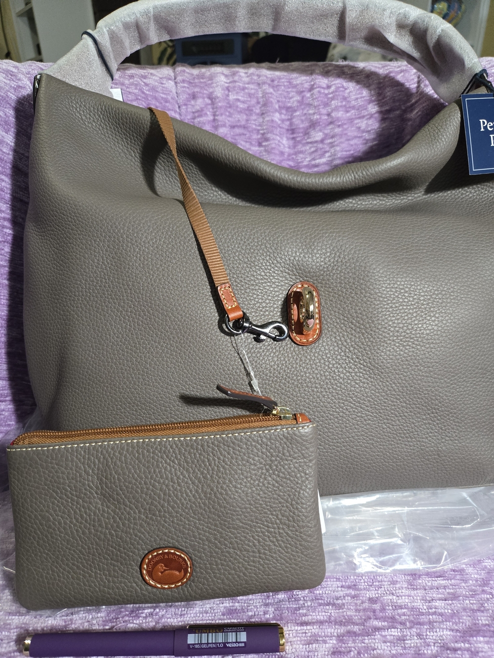 Dooney & Bourke "Elephant" Pebble Leather Hobo Bag with Matching Pouch. NWT